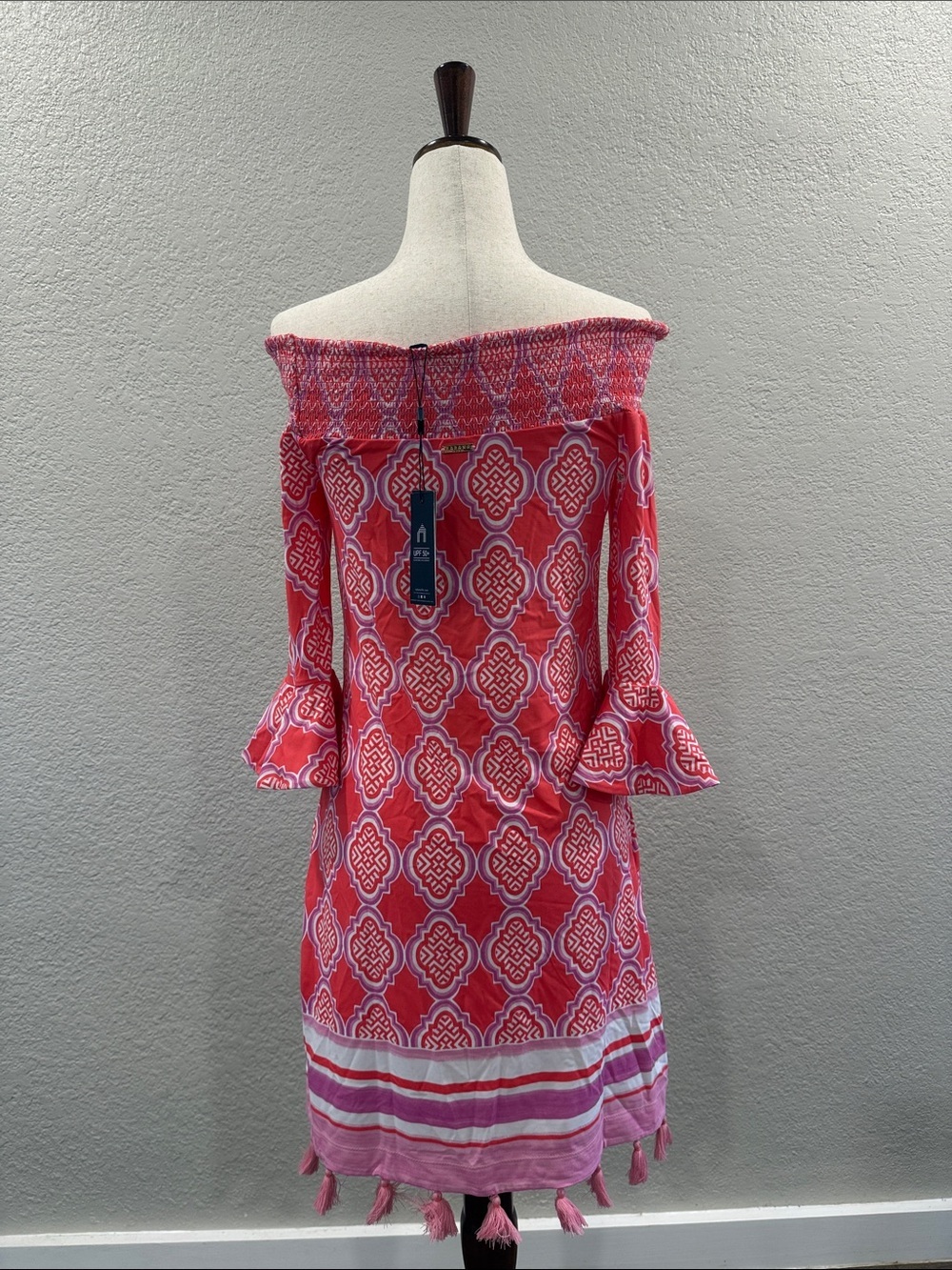 Cabana Life Off-the-Shoulder Pink Patterned Tassel Dress - Picture 2 of 2